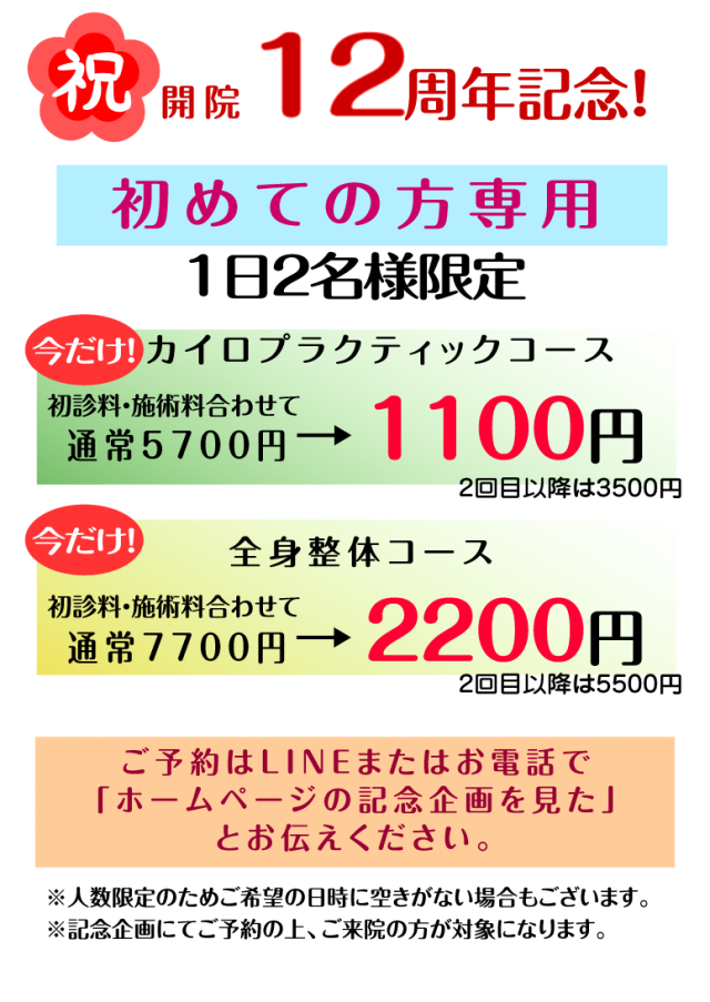 松戸わくわく回復整体院　１１周年記念価格　初回のみ限定１１００円～