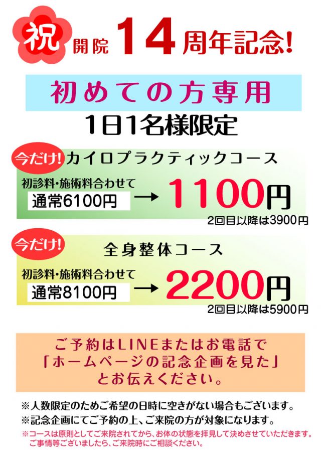 松戸わくわく回復整体院　１３周年記念価格　初回のみ限定１１００円～